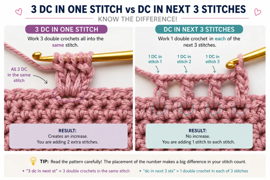 Three double crochets in one stitch compared with one double crochet in each of three stitches