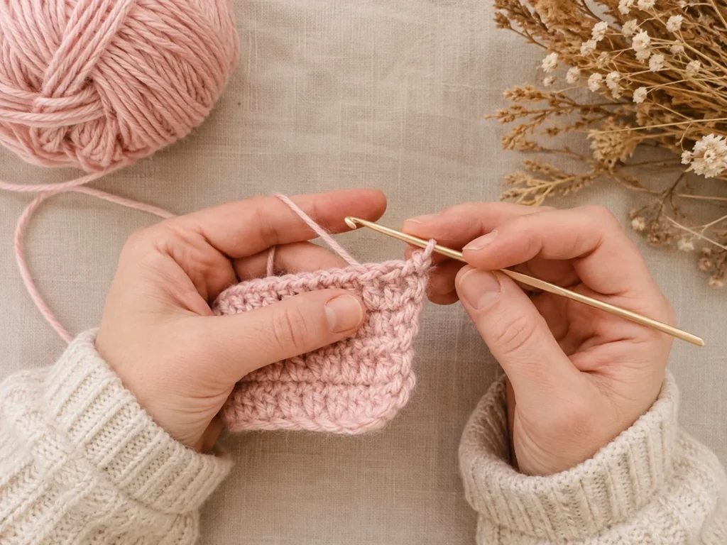 Lia crocheting with soft pink yarn and a crochet hook