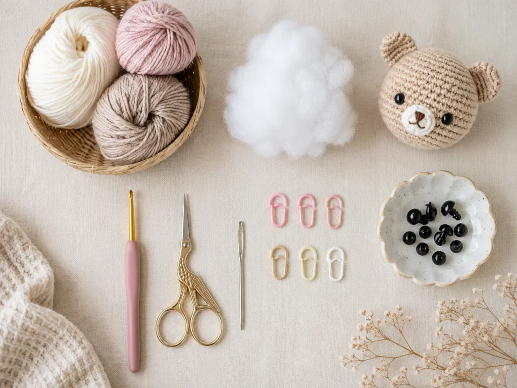 Amigurumi supplies including yarn, stuffing, crochet hook, scissors, stitch markers, safety eyes, and yarn needle.