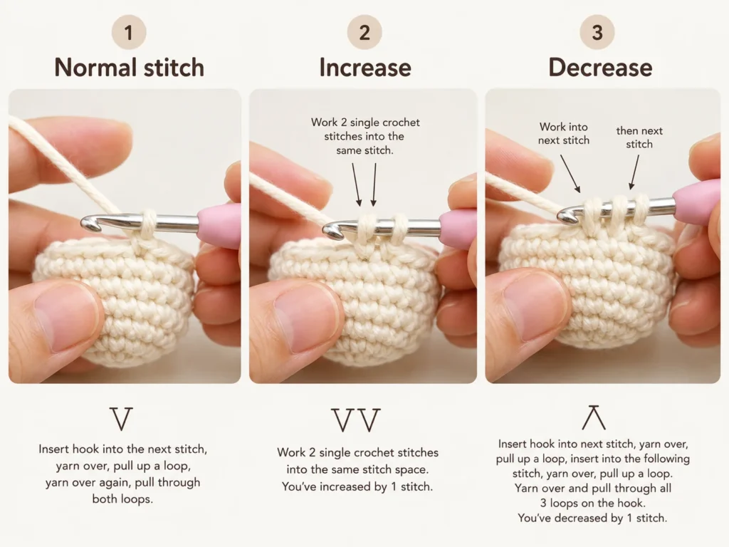 Comparison of a normal single crochet stitch, increase, and decrease used in amigurumi.