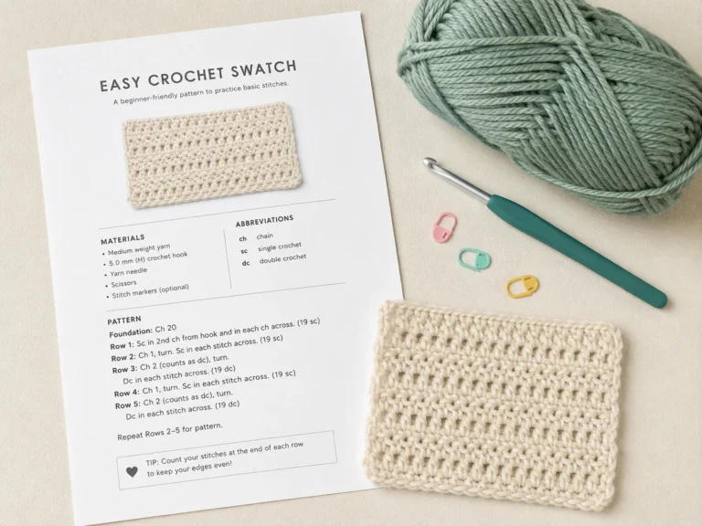 Printed beginner crochet swatch pattern beside yarn, crochet hook, stitch markers, and a finished crochet swatch