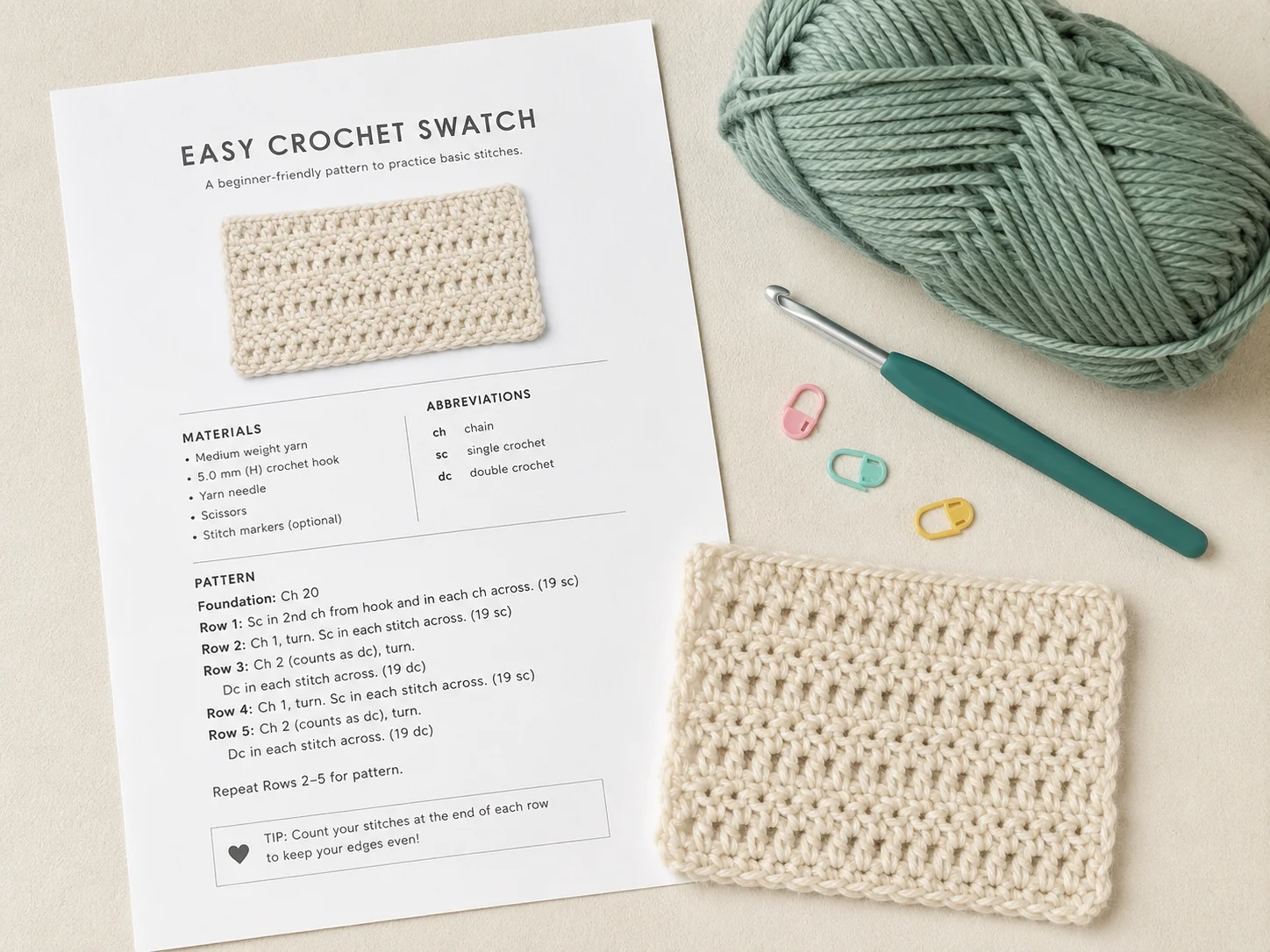Printed beginner crochet swatch pattern beside yarn, crochet hook, stitch markers, and a finished crochet swatch