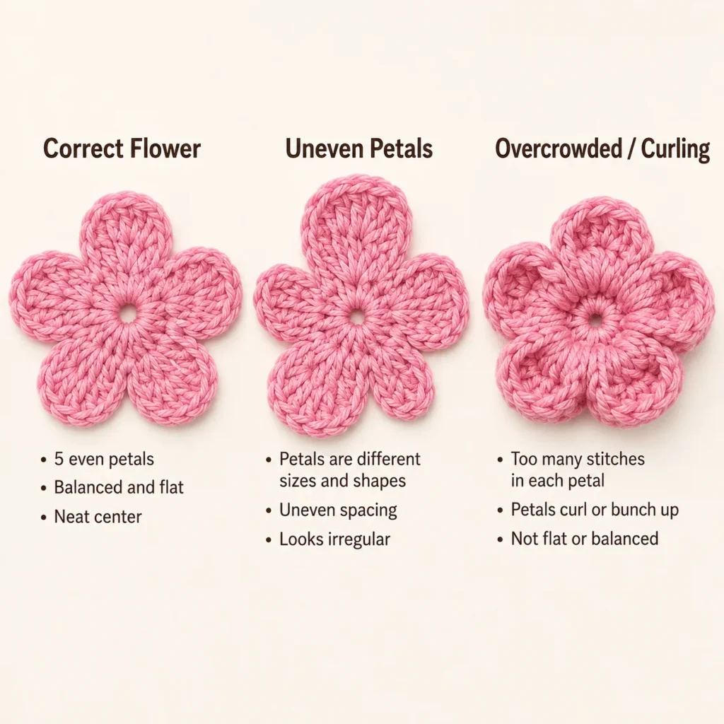 Crochet flower examples comparing correct petals, uneven petals, and overcrowded curling petals