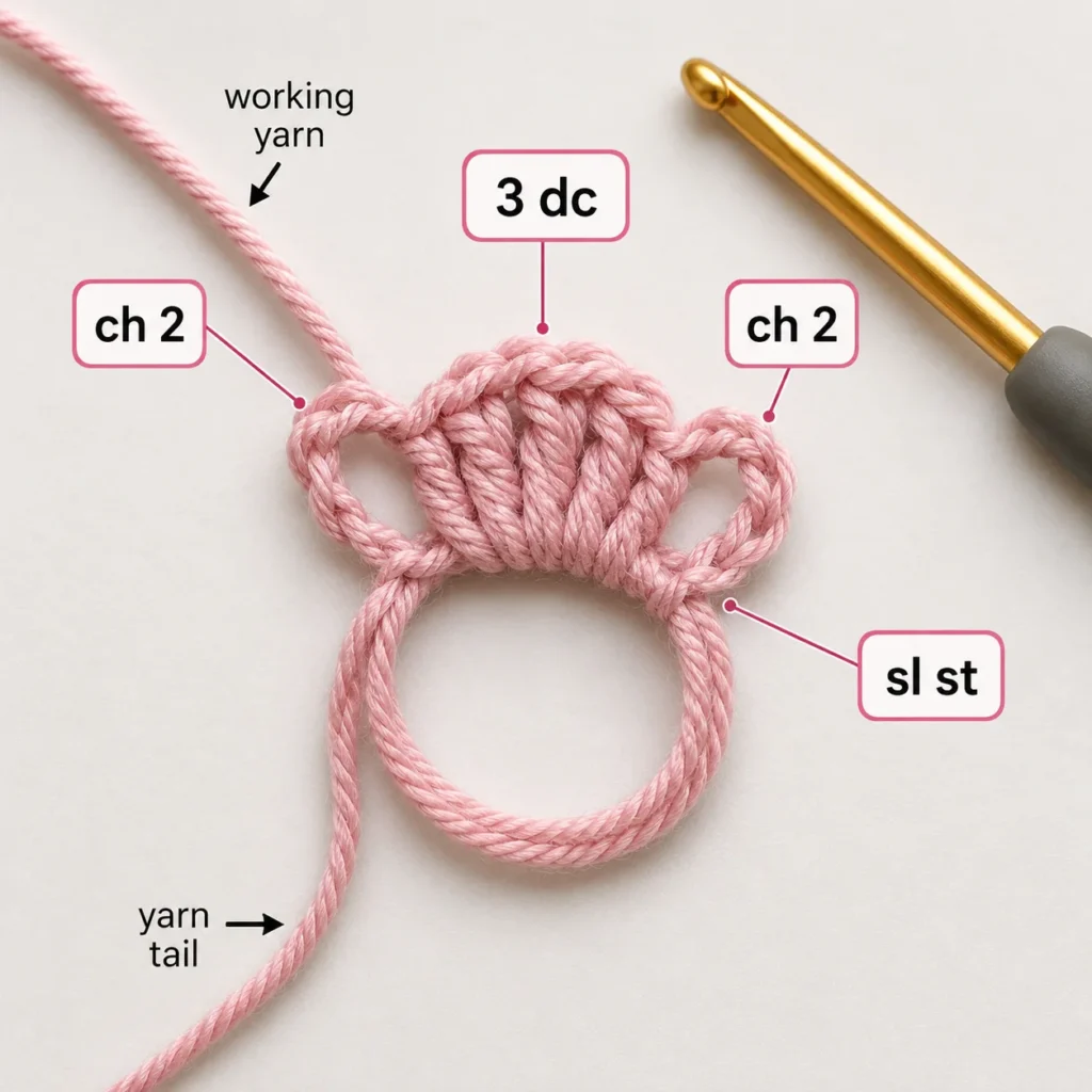 First crochet flower petal showing chain 2, three double crochets, chain 2, and slip stitch