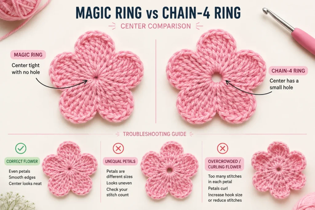 Crochet flower comparison showing a tightly closed magic ring center and a larger chain-4 ring center