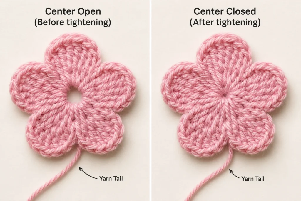 Crochet flower showing the magic ring center before and after tightening the yarn tail