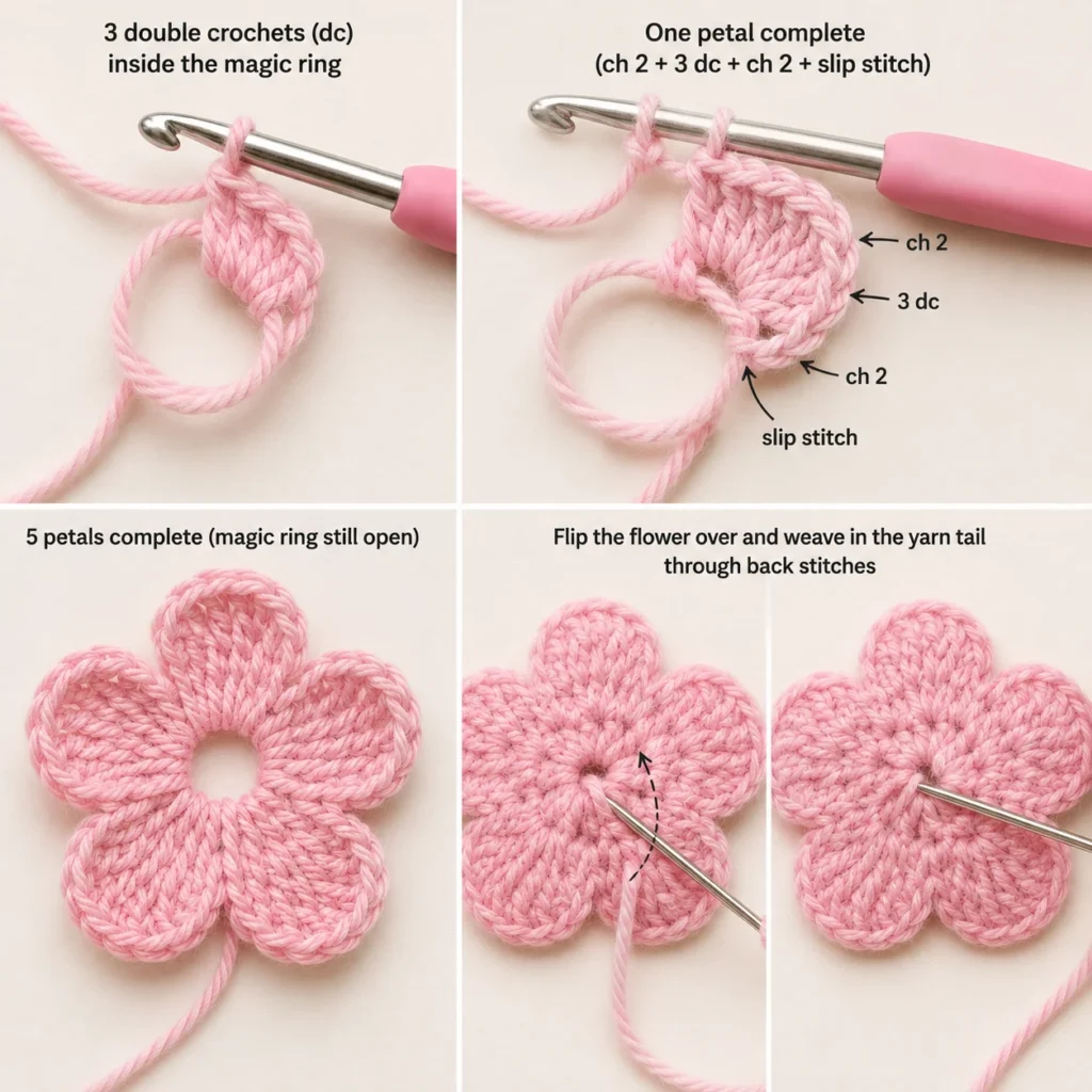 Step-by-step crochet flower tutorial showing double crochets, one petal, five petals, and weaving in the yarn tail