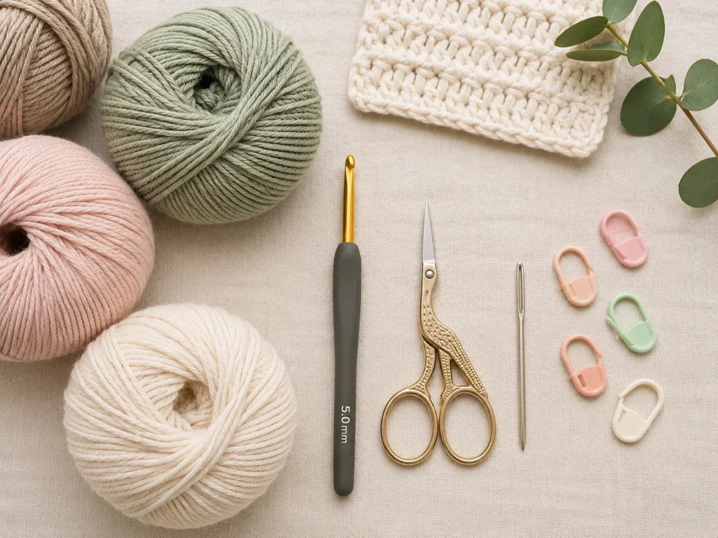 Crochet supplies including yarn, 5 mm crochet hook, scissors, yarn needle, and stitch markers