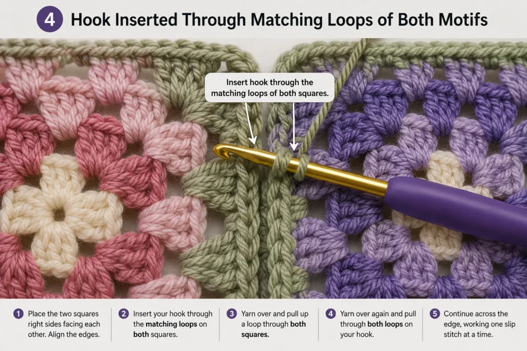 Crochet hook inserted through matching loops of two granny squares while joining them
