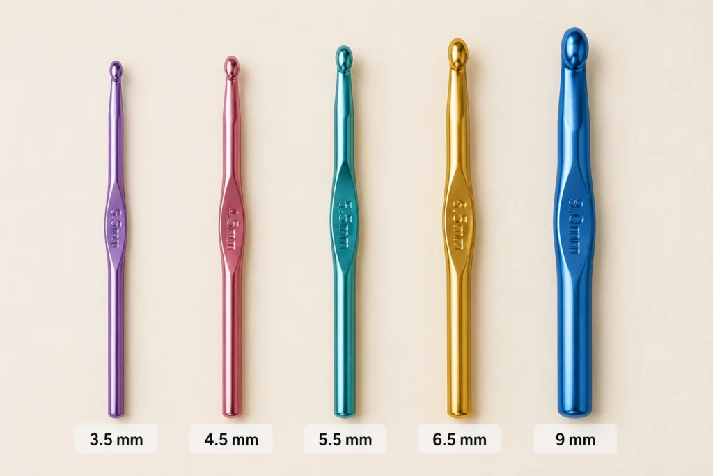 Crochet hooks from 3.5 mm to 9 mm shown side by side