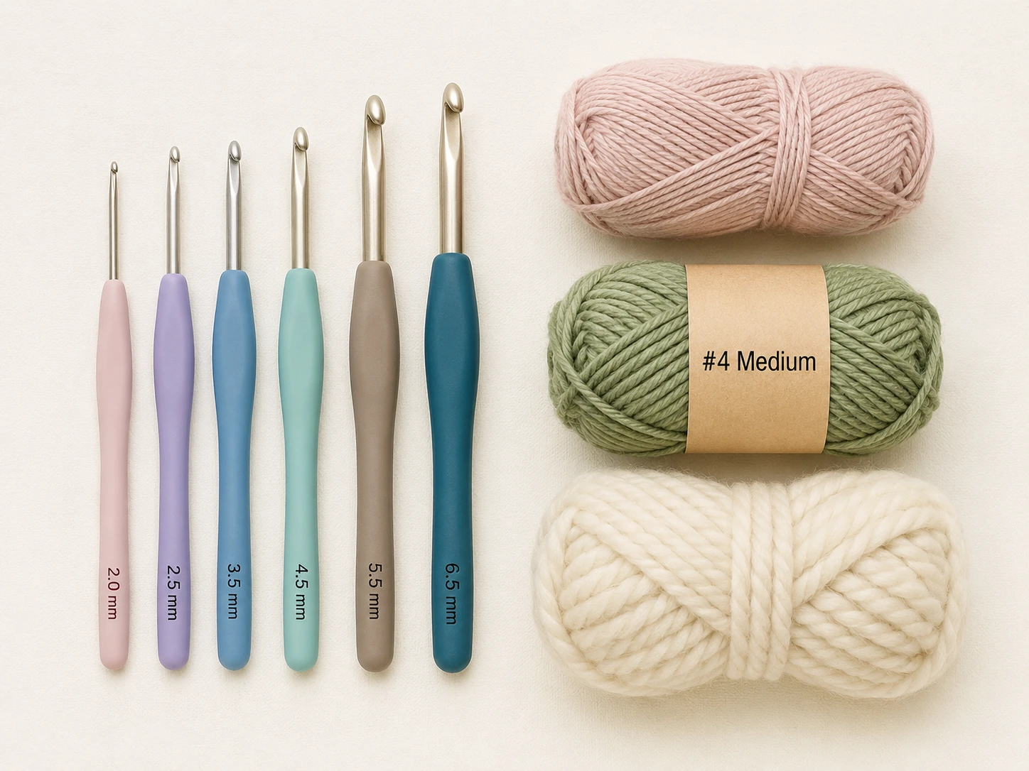 Crochet hooks beside different yarn weights for beginners