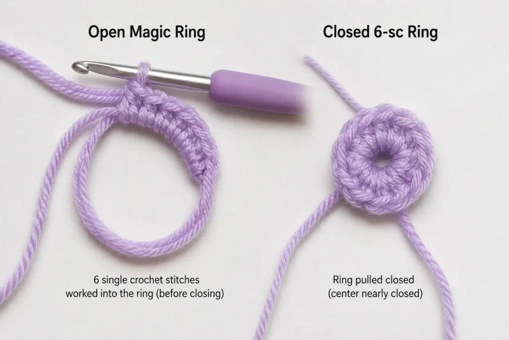 How to make a magic ring in crochet with 6 single crochet stitches