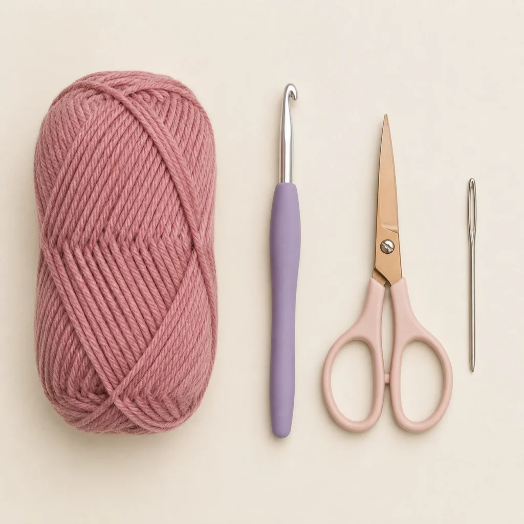 Crochet flower materials including pink yarn, crochet hook, scissors, and yarn needle