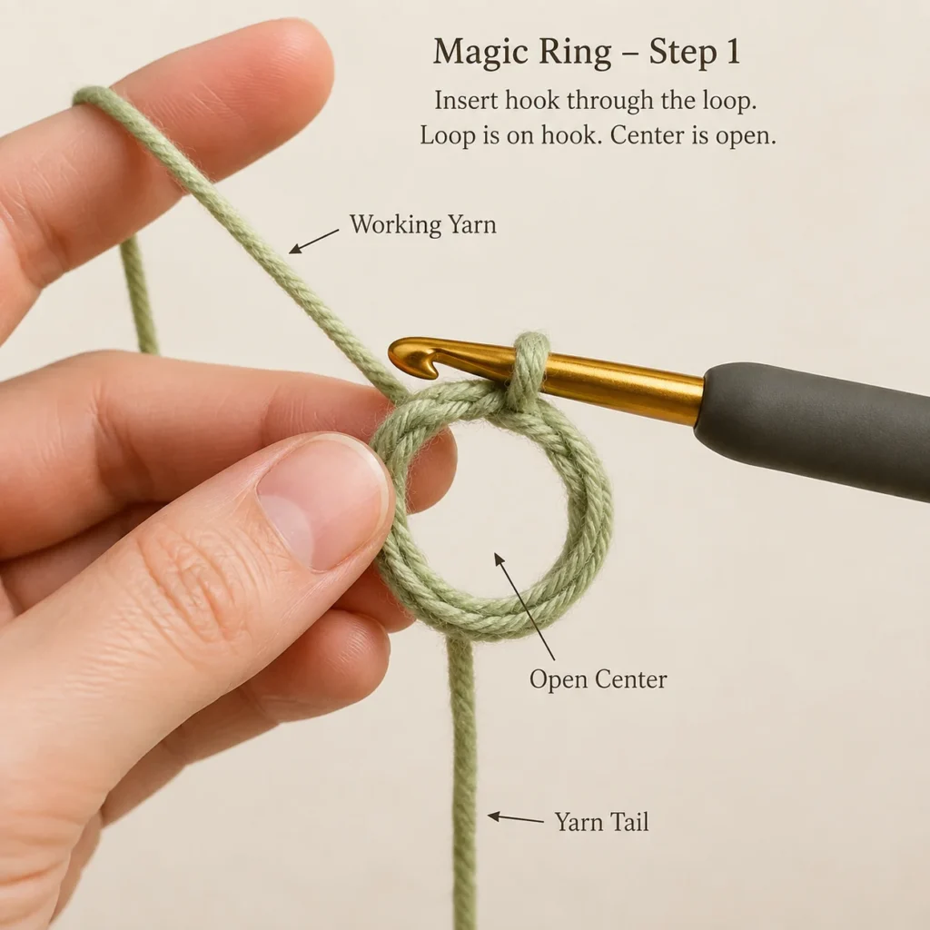 Crochet magic ring step 1 showing the hook through the yarn loop with working yarn, open center, and yarn tail