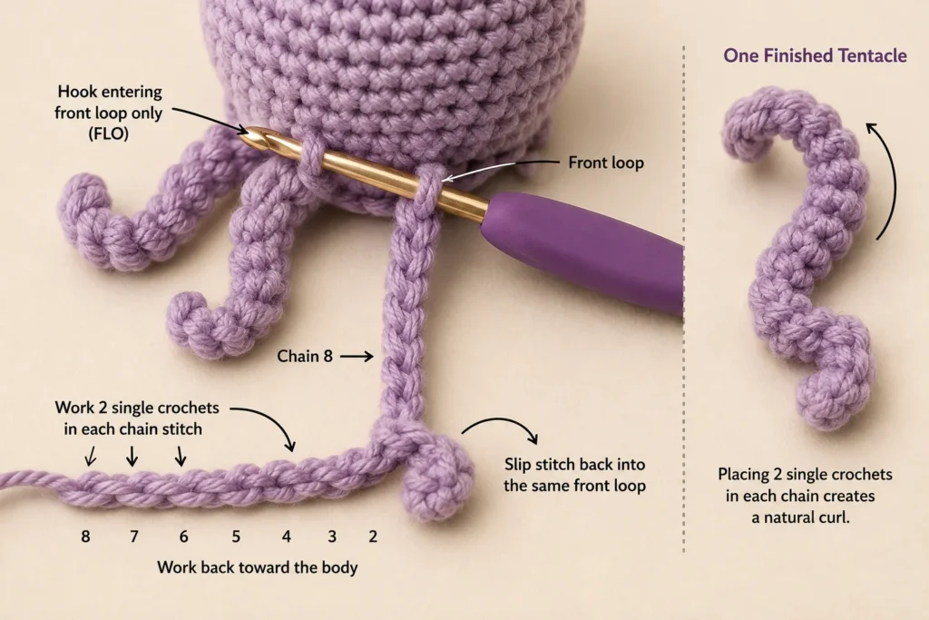 Curled crochet tentacle worked directly from the octopus body