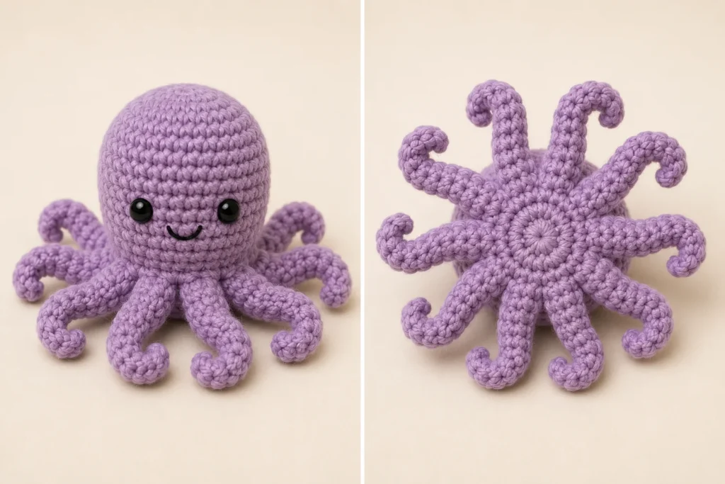 Front and bottom views of a finished no-sew crochet octopus