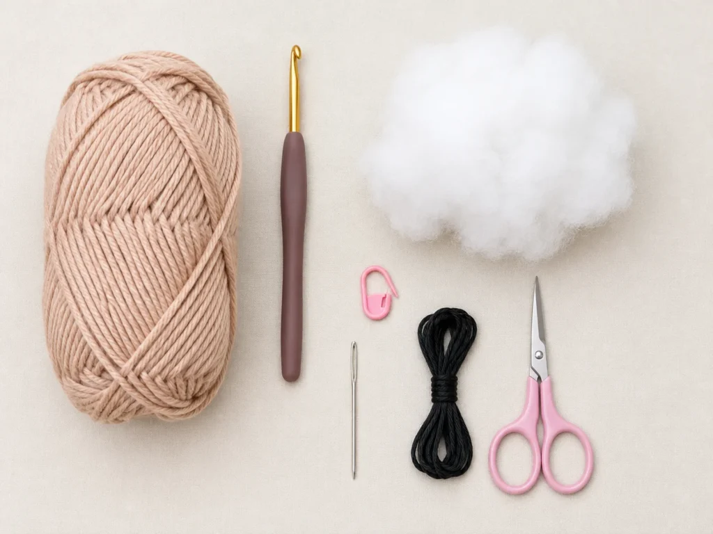 Supplies for making a beginner no-sew crochet octopus