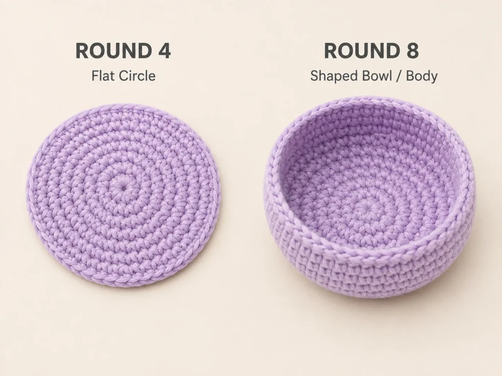 Flat crochet circle beside rounded amigurumi body