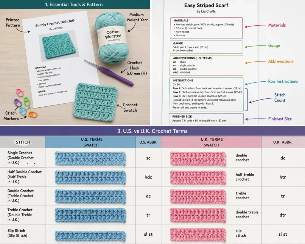 Crochet stitch swatches comparing common U.S. and U.K. crochet terminology