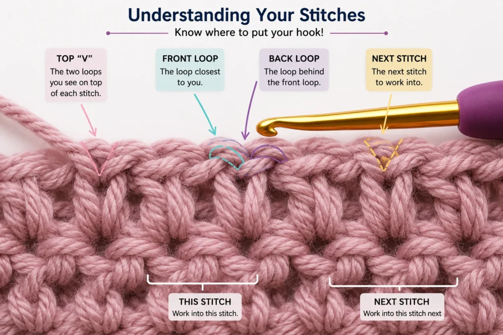 Close-up of crochet stitches showing the top V, front loop, back loop, and next stitch