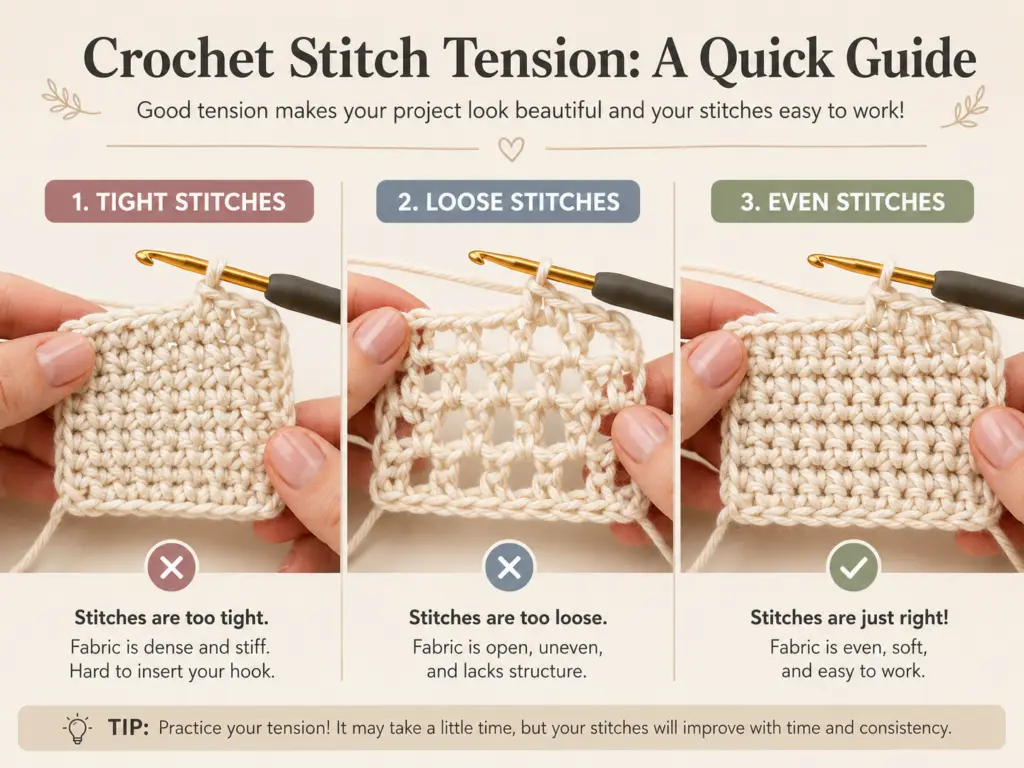 Comparison of tight, loose, and even crochet stitch tension for beginners.