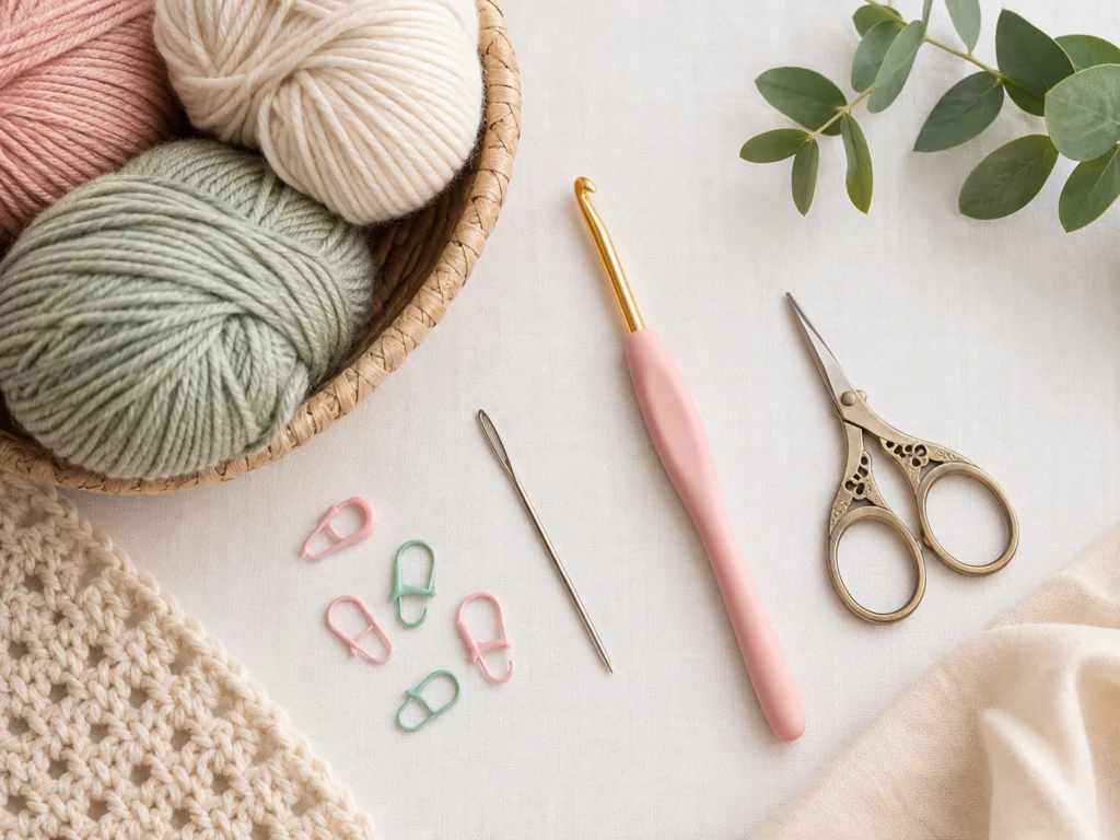 Crochet tools and materials for beginners, including yarn, crochet hook, scissors, yarn needle, and stitch markers.