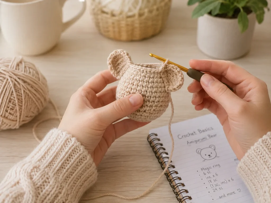 Hands crocheting a small amigurumi bear with beige yarn and a crochet hook.