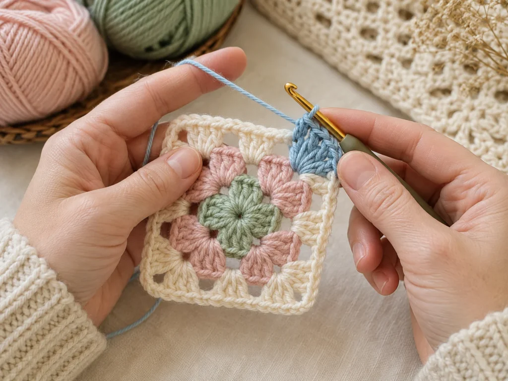 Hands crocheting a new blue round onto a pastel granny square