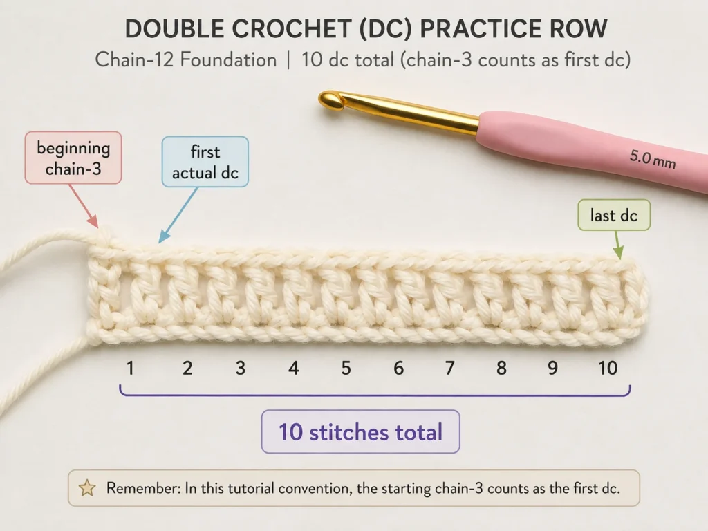 First row of double crochet showing ten stitches including the turning chain