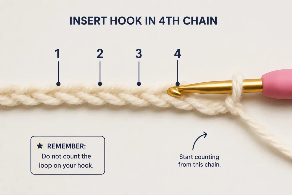 Crochet hook inserted into the fourth chain from the hook