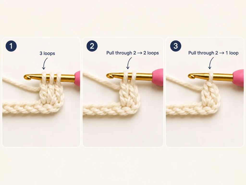 Double crochet sequence showing three loops, two loops, and one loop on the hook