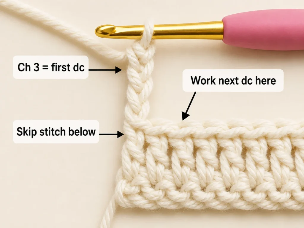 Comparison of straight, increasing, and narrowing double crochet edges