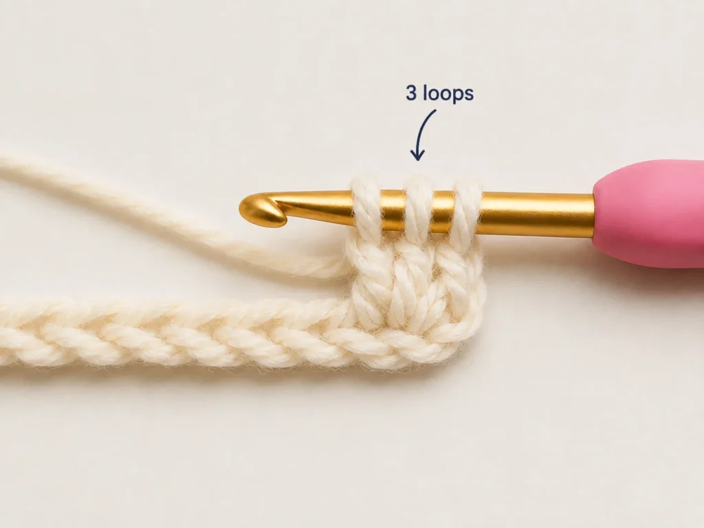 Three loops on a crochet hook while making a double crochet stitch