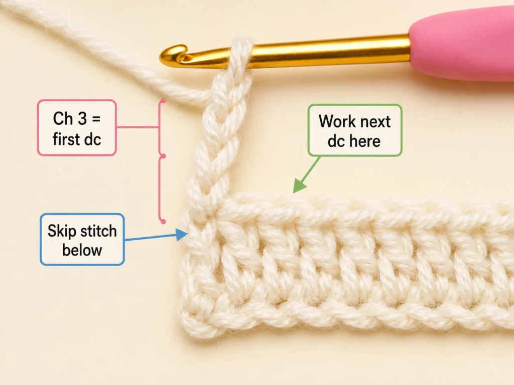 Double crochet turning chain showing where to place the first stitch of the next row
