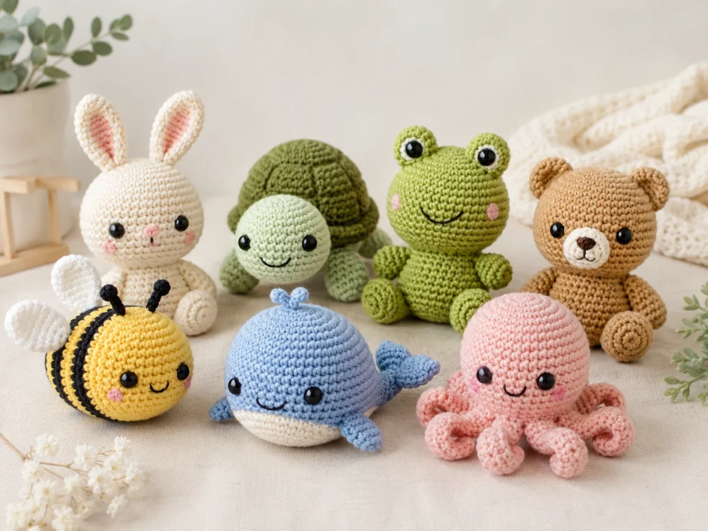 Collection of easy crocheted amigurumi animals including a bunny, turtle, frog, bear, bee, whale, and octopus.