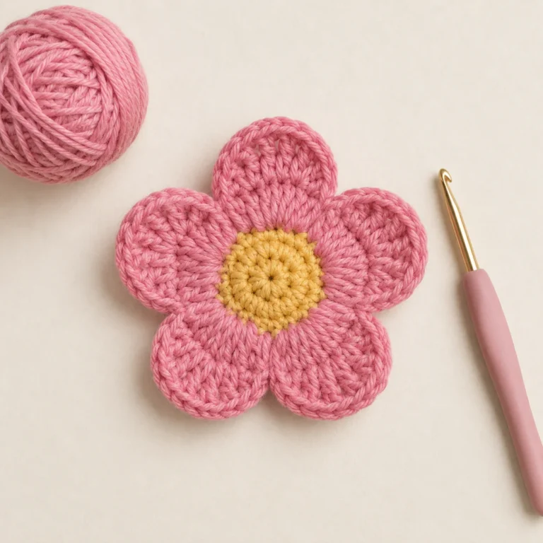 Finished pink five-petal crochet flower with a yellow center beside a crochet hook and yarn ball
