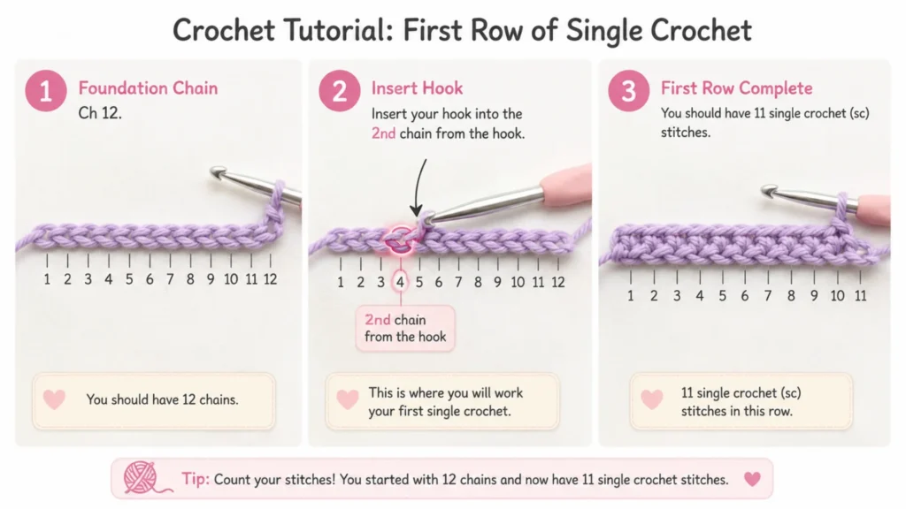 Three-step crochet example showing chain 12, the second chain from the hook, and 11 single crochet stitches