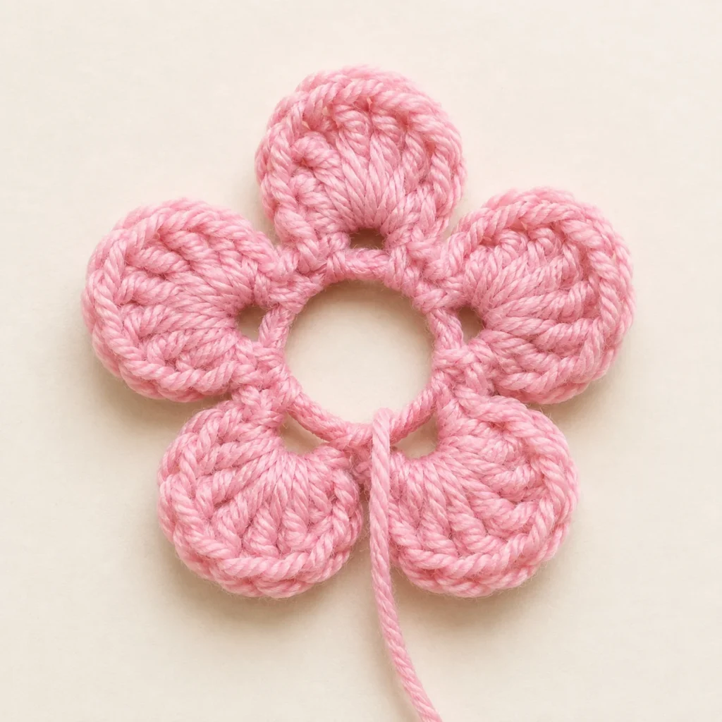 Five pink crochet flower petals completed around an open magic ring before tightening