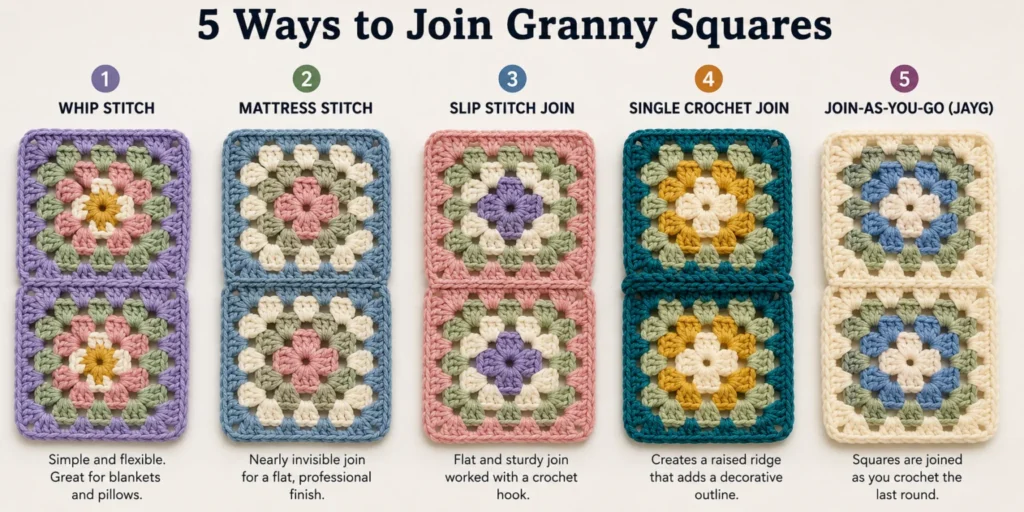 Five ways to join granny squares using whip stitch, mattress stitch, slip stitch, single crochet, and join-as-you-go