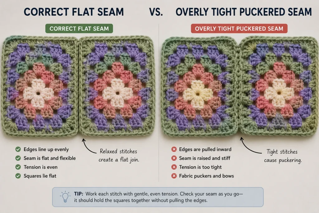 Correct flat granny square seam compared with an overly tight puckered seam