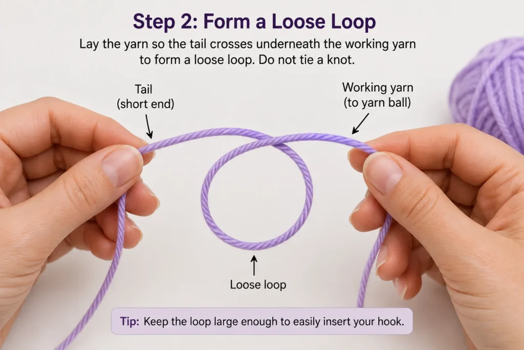Yarn crossed to form a loose adjustable crochet loop