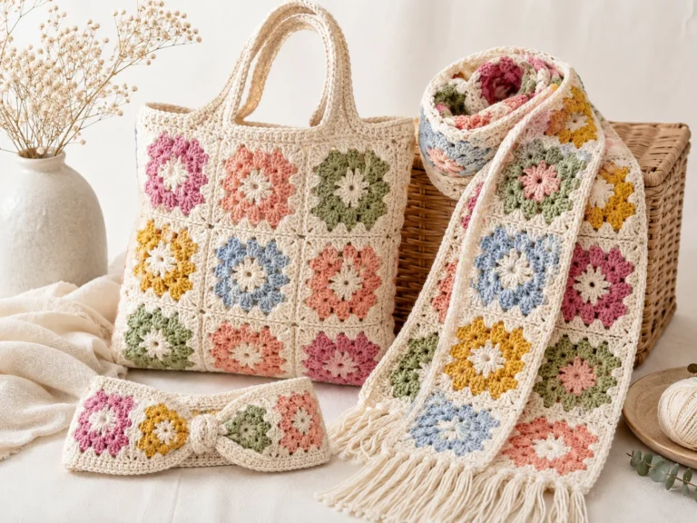 Handmade granny square crochet bag, scarf, and headband in soft pastel colors
