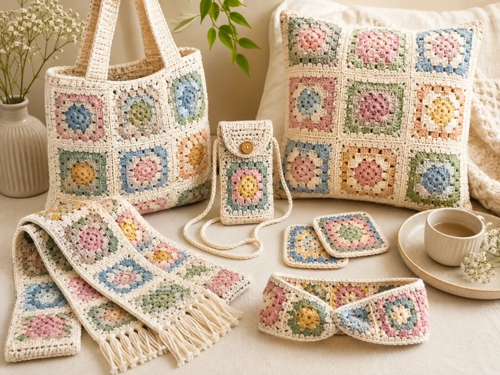 Hands joining colorful granny squares with a crochet hook to create a larger crochet piece