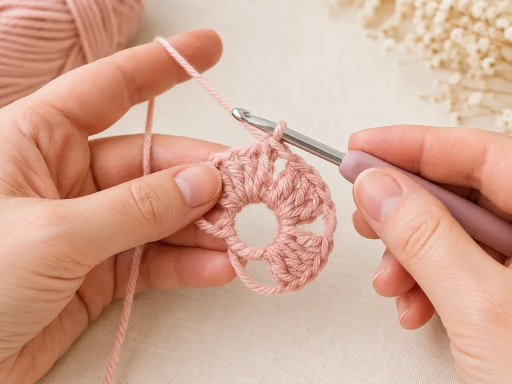 Close-up of hands crocheting the beginning round of a pink granny square