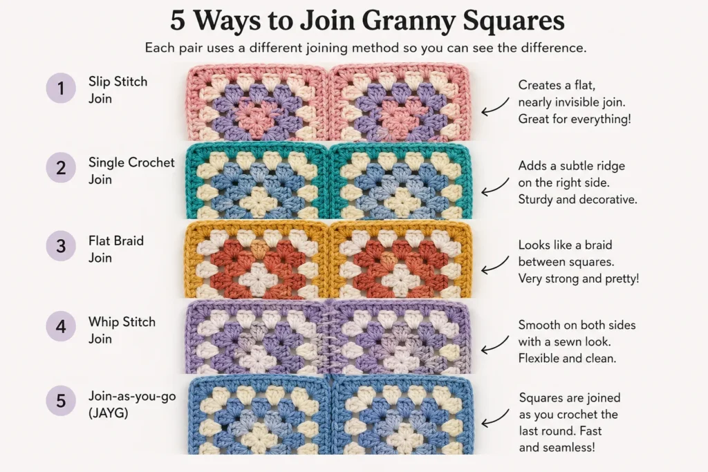 Comparison of five granny square joining methods with finished seam example