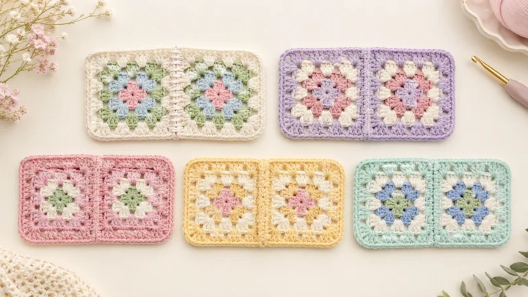 Five pairs of colorful granny squares showing different crochet joining methods