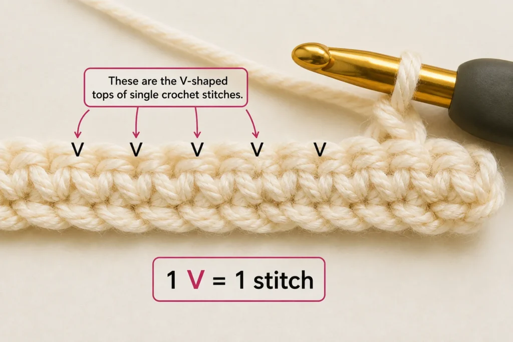 V-shaped tops of single crochet stitches shown for counting