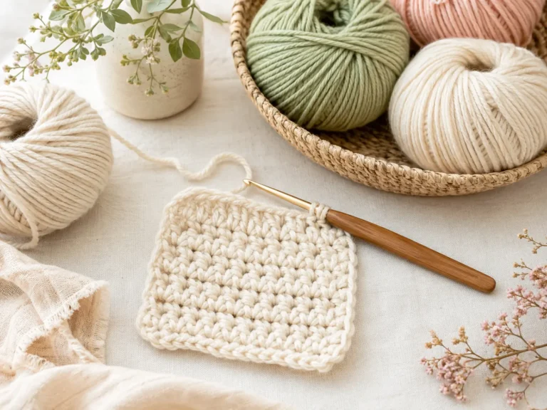 Finished cream crochet practice swatch with a wooden-handled hook and yarn balls.