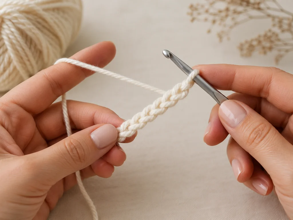 Beginner making a foundation chain with cream yarn and a crochet hook.