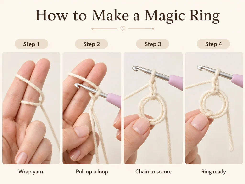 Four-step tutorial showing how to make a magic ring for amigurumi crochet.